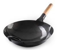 Craft Wok Pow Wok de acero al carbono martillado a mano negro 13 pre-sazonado con mango auxiliar de madera y acero (13 pulgadas, fondo redondo)