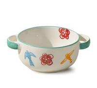 CRCRC Tazón de sopa de cerámica con asas, diseño floral pintado a mano, apto for microondas y lavavajillas, for sopa, cereales, pasta y ensaladas(Blue)