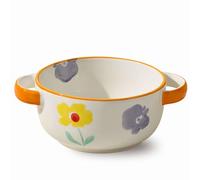 CRCRC Tazón de sopa de cerámica con asas, diseño floral pintado a mano, apto for microondas y lavavajillas, for sopa, cereales, pasta y ensaladas(Orange)