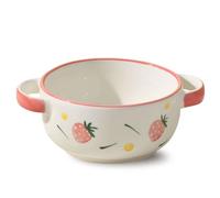 CRCRC Tazón de sopa de cerámica con asas, diseño floral pintado a mano, apto for microondas y lavavajillas, for sopa, cereales, pasta y ensaladas(Pink)