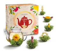 Creano Set de Regalo de Flores de Té - FLOWER DESIGN - cosecha de primavera con Tetera de Té de Vidrio de 500 ml y 6 flores de té de té blanco - regalo para San Valentín y el Día de la Madre