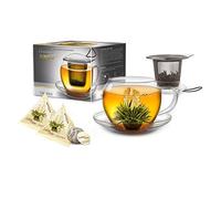 Creano Set de Regalo Taza de Té Jumbo XXL 450ml con Filtro de Acero y Tapa + 2 Flores de Té Teelinis de Té Blanco - Vidrio de Borosilicato