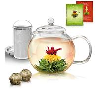 Creano Set de Regalo Tetera de Vidrio 1,3L con 2 Flores de Té - Incluye Filtro de Acero Inoxidable Extraíble