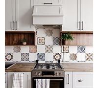 CREARREDA Adhesivos para baldosas azulejos azules y naranjas, 24 Piezas 10_x_10 cm, Vinilo Autoadhesivo Impermeable Decoración Baños y Cocinas, Made in Italy