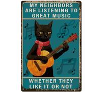 CREATCABIN Letrero Metal Retro Música Gato Negro,Cartel Estaño Vintage Guitarra Divertido,Placa Pintura Retro,Letrero Hierro,Decoración Pared,Arte Mural,Colgante Decorativo para Hogar,Hombre,30x20cm