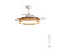 CREATE / WIND CLEAR/Ventilador de techo con luz blanco y mimbre nudo con mando / 40W, Ø108 cm, 6 velocidades, aspas retráctiles, 3 temperaturas de luz, función verano-invierno