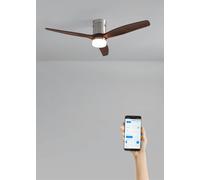 CREATE / WINDCALM NATURAL WOOD M/Ventilador de techo con luz níquel aspas madera nogal con Wifi y mando / 40W, Temporizador, Ø132 cm, 6 velocidades, 3 temperaturas de luz, función verano-invierno