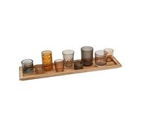 Creative Co-Op Round Glass Votive Holders on Wood Tray, Brown, Set of 10 Portavelas de Cristal Redondo en Bandeja de Madera, marrón, Juego de 10, Beiges, 5 Inches