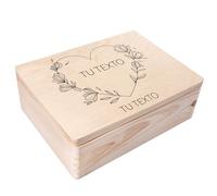 Creative DECO Caja Madera de Recuerdos Personalizada con Texto Deseos para | Regalo | 40x30x14cm (+/-1cm) | Motivo Minimalista de Corazón de Flores | Cofre con Tapa Grabada | para Juguetes