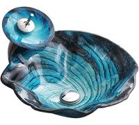 Creativity Lavabo de tocador de baño Vidrio Templado Concha de mar Lavabo de Lavabo Lavabo con Cascada Combinación de Grifo Cromado y Drenaje de Fregadero emergente (Color : Blue,