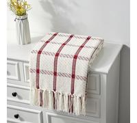 CREVENT Manta clásica Transpirable, Suave y cálida de 127 x 152 cm, para sofá Cama, decoración del hogar, con borlas (Color Rojo y Blanco)