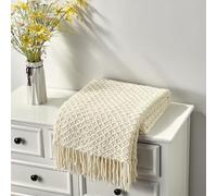 CREVENT Manta de Punto Bohemio para sofá, Silla, Cama, decoración del hogar, Suave, cálida, acogedora, Ligera, para Primavera, Verano y otoño (152 x 203 cm, Beige)