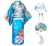 CRFASIBE 5 Piezas Niños Kimono Japonés Bata, Niña Yukata Geisha Vestido Ropa Albornoz para Spa, Kimono Verano Cosplay Trajes Set con Accesorios(Azul,140cm)