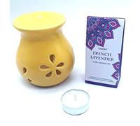 CRIGEMA - Juego con aceite esencial Goloka Lavanda, quemador de esencias de cerámica y vela Tealight