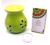 CRIGEMA - Juego con aceite esencial Goloka Menta, quemador de esencias de cerámica y vela Tealight