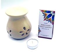 CRIGEMA - Set con aceite esencial Goloka Palo Santo Peruano, quemador de esencias de cerámica y vela Tealight (Palo Santo Peruviano)