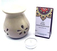 CRIGEMA - Set con aceite esencial Goloka Palo Santo Peruano, quemador de esencias de cerámica y vela Tealight (sándalo)