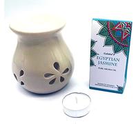 CRIGEMA - Set con aceite esencial Goloka Palo Santo Peruviano, quemador de esencias de cerámica y vela Tealight (jazmín egipcio)