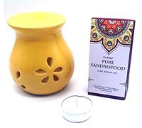 CRIGEMA - Set Goloka aceite esencial de sándalo de 10 ml con quemador de esencias amarillo de cerámica y vela Tealight