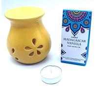 CRIGEMA - Set Goloka aceite esencial vainilla de Madagascar 10 ml con quemador de esencias amarillo de cerámica y vela Tealight