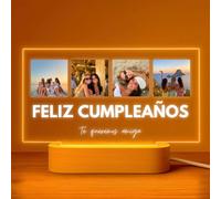 Cristal Plaque Lámpara Personalizada Feliz Cumpleaños con 4 Fotos y Mensaje - Placa Metacrilato LED Vertical - Regalo Original Día de la Madre y Cumpleaños