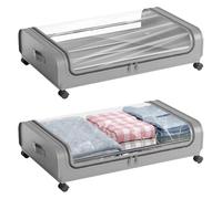 Crynvor 2 Piezas Cajas Almacenaje Ropa, Bolsas para Guardar Ropa, Organizador de Canape con Ruedas, Almacenaje Bajo Cama con Ventana Transparente, Zapatero Debajo de La Cama para Mantas Juguetes(Gris)