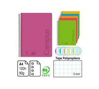 CUADERNO CAMPUS ORIGINAL BLOC ESPIRAL MICROPERFORADO CAMPUS TAMAÑO A4 CON TAPA POLIPROPILENO 120 HOJAS. 90 G. Bloc cubiertas polipropileno con colores súper brillantes. cuadricula 5 MM Pack de 1/4 uni