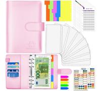 Cuaderno de carpeta A6 de piel sintética, hojas de presupuesto, etiquetas adhesivas, separadores de carpeta con cremallera, organizador para dinero en efectivo (Rosa)