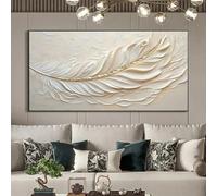 Cuadro abstracto de plumas con detalles dorados sobre lienzo, arte minimalista, decoración de pared en tonos neutros para el hogar moderno (30x60cm)