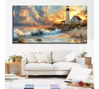 Cuadro abstracto moderno minimalista con paisaje de puesta de sol en el faro de Portland, ideal para la decoración del hogar y el salón (45x90cm/sin marco).
