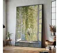 Cuadro de pared con ventana abierta iluminada por el sol y jarrón de flores, estilo bodegón, ideal para una decoración romántica de estilo rústico francés o vintage (70x110cm/sin marco).