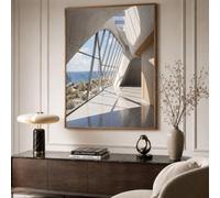 Cuadro De Pared Con Ventanas De Cristal Curvado Vista Al Mar, Arquitectura Minimalista Moderna Art Pintura Al Sobre Lienzo, Para Sala De Estar, Decoración De Paredes De Hogar, Sin Marco, 70×100 cm