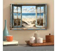 Cuadro de pared en lienzo con vista al océano a través de una ventana rústica, escena playera, cuadro veraniego para sala de estar (60 x 108 cm/Sin marco)