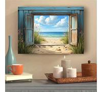 Cuadro de pared en lienzo con vista al océano a través de una ventana rústica, escena playera, imágenes veraniegas para sala de estar (70x100cm/Sin marco)