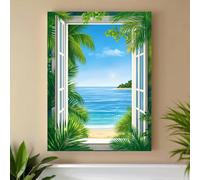 Cuadro decorativo de lienzo con vista a una playa tropical a través de la ventana, póster de lienzo para pared, ideal para sala de estar (60x90cm/Sin marco)