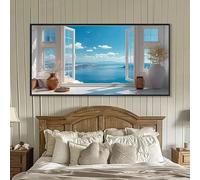 Cuadro decorativo moderno con vista al océano, paredes blancas y ventanas abiertas que crean una ilusión óptica, ideal para sala de estar o dormitorio (70 x 140 cm).