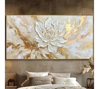 Cuadro floral de loto blanco sobre lienzo con detalles en pan de oro para decoración del hogar (40 x 80 cm/marco interno).