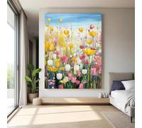 Cuadro impreso en lienzo | Pintura impresionista de un colorido campo de tulipanes | Arte floral para pared | Flores amarillas, rosas y blancas para sala de estar (70x90cm/Sin marco)