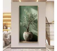 Cuadro moderno de olivo en maceta, láminas de lienzo de estilo mediterráneo en tonos neutros para la decoración del salón (30x65cm/marco interno).