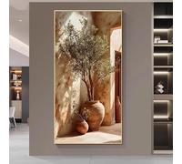 Cuadro moderno mediterráneo con diseño de olivo, panel neutro, láminas de lienzo con ramas de olivo para la decoración del hogar en la sala de estar (30x60cm /marco interno).