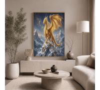 Cuadros De Arte De Pared Dragón Dorado Épico De Fantasía - Imágenes Cuadros Pintura Montaña Nevada Nórdica Para Decoración Salon Dormitorio, Azul Oscuro Modernos Pósters De Lienzo, Sin Marco, 50X70Cm