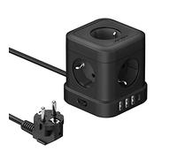 Cube Regleta Enchufe con USB,JSVER Regleta Cube 5 Tomas con 4 USB Puertos(5V/3,4A (17W)) Alargadera Electrica para el hogar, la Oficina y los ViajesCable 2 m Negro