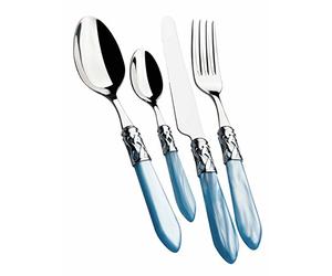 Cubertería BUGATTI, Aladdin, 24 piezas en Acero Inoxidable 18/10, Anillo Cromado y mango AZUL CLARO con efecto nácar. Cubertería para 6 personas: 6 cucharas, 6 tenedores, 6 cuchillos y 6 cucharas de café