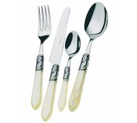 Cubertería BUGATTI, Aladdin, 24 piezas en acero inoxidable 18/10, aro cromado y mango de marfil con efecto nácar. Cubertería para 6 personas: 6 cucharas, 6 tenedores, 6 cuchillos y 6 cucharas de café