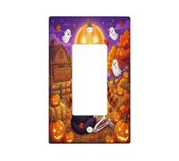 Cubierta para interruptor de luz basculante individual con diseño de | Gato, Jack-o'-lanterns brillantes, fantasmas lindos, follaje otoñal, ilustración fantástica, decoración de pared de temporada
