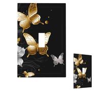 Cubierta para interruptor de luz, diseño de mariposas blancas y doradas, placa de pared negra, 1 placa de interruptor de banda, cubierta decorativa de toma de corriente, placa frontal para baño