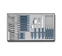 Victorinox Swiss Modern Juego de mesa para 6 personas, 24 piezas, in uchillos de carne con filo dentado, mangos de plástico, azul aciano