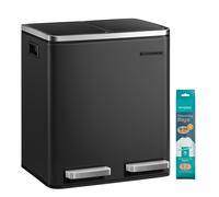 SONGMICS Cubo de Basura de Cocina, 2 x 15 L, Cubo con Cubeta Doble para Reciclaje y Residuos, con Pedal, Tapas de Cierre Suave, para Familias Pequeñas, Acero, Negro Tinta LTB30BK