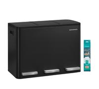 Cubo de Basura de Cocina de 3 x 15 L, con 3 compartimentos, 15 Bolsas, Cubos Extraíbles, Tapa, Asas, Cierre Suave, Acero, Negro Tinta LTB145BZ02