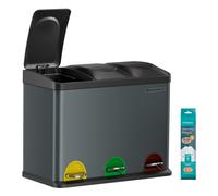 SONGMICS Cubo Triple para Cocina, 45 L, 3 x 15 L, Pedal, Acero | Sistema de Separación de Residuos, con Tapa, Gris Antracita y Negro Tinta, Colección ISLAND LTB45G